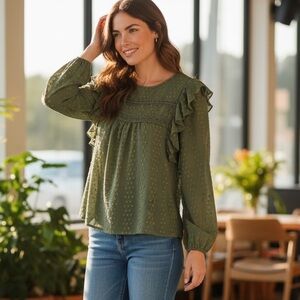 FASHION Women's M Forest Green Swiss Dot Ruffle Trim Long Sleeve Peasant Blouse
